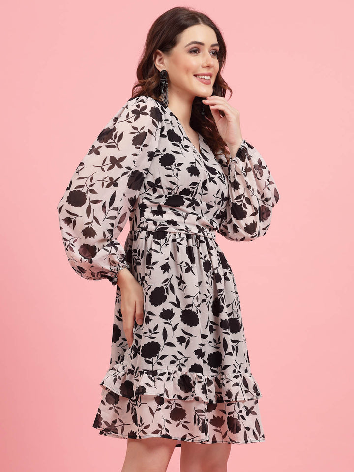 White Floral Printed Puff Sleeves Gathered A-Line Dress