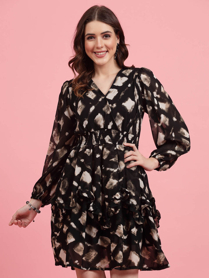 Abstract Printed V-Neck Puff Sleeves Smocked Detail Fit and Flare Dress