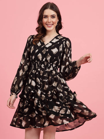 Abstract Printed V-Neck Puff Sleeves Smocked Detail Fit and Flare Dress