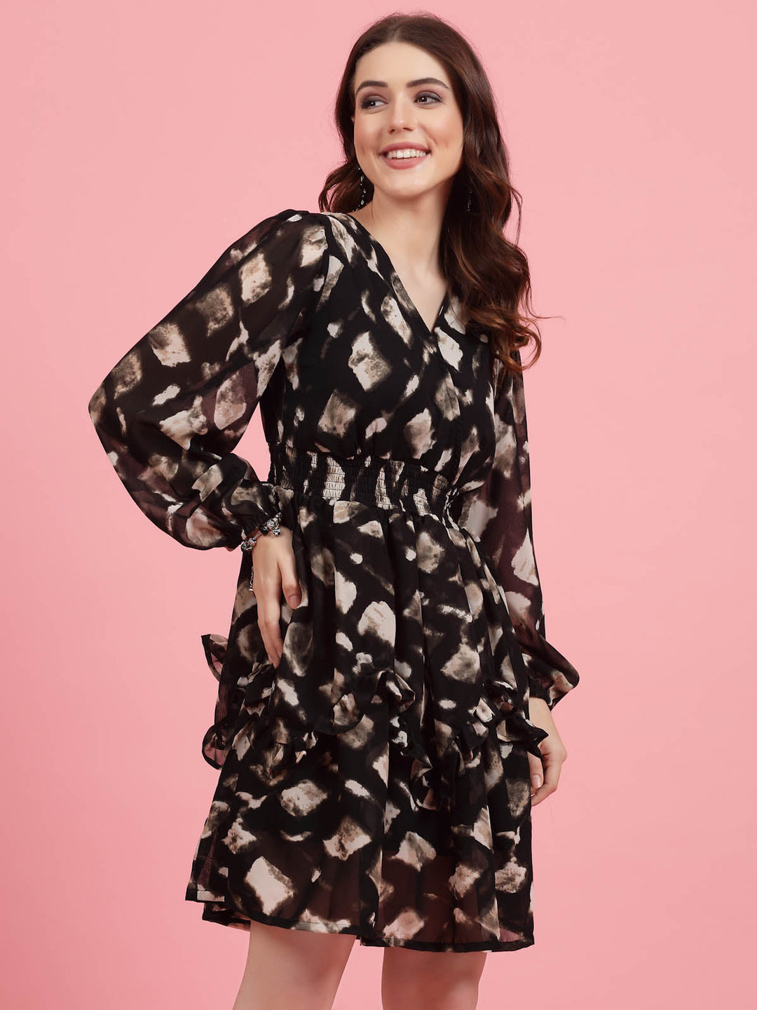 Abstract Printed V-Neck Puff Sleeves Smocked Detail Fit and Flare Dress