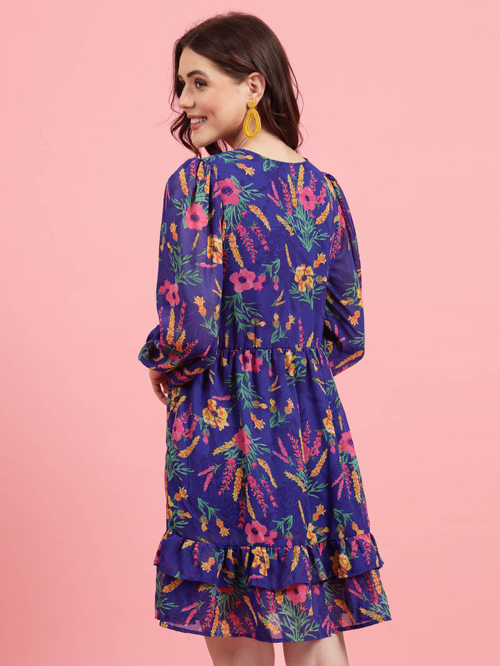 Blue Floral Printed Gathered Fit & Flare Dress