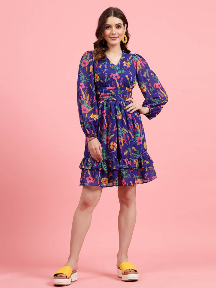 Blue Floral Printed Gathered Fit & Flare Dress