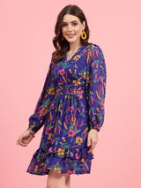 Blue Floral Printed Gathered Fit & Flare Dress