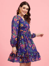 Blue Floral Printed Gathered Fit & Flare Dress
