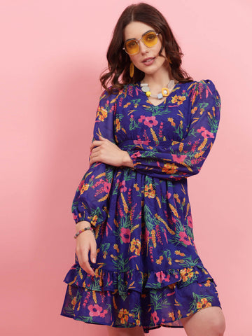 Blue Floral Printed Gathered Fit & Flare Dress