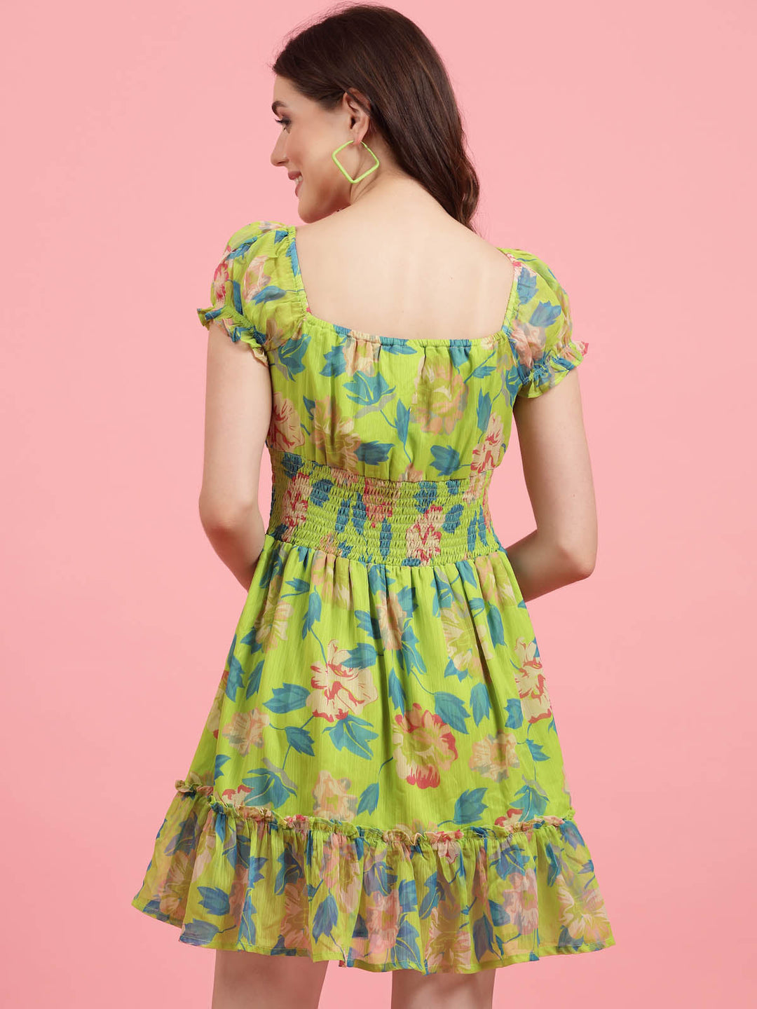 Lime Green Floral Printed Puff Sleeves Smocked A-Line Dress