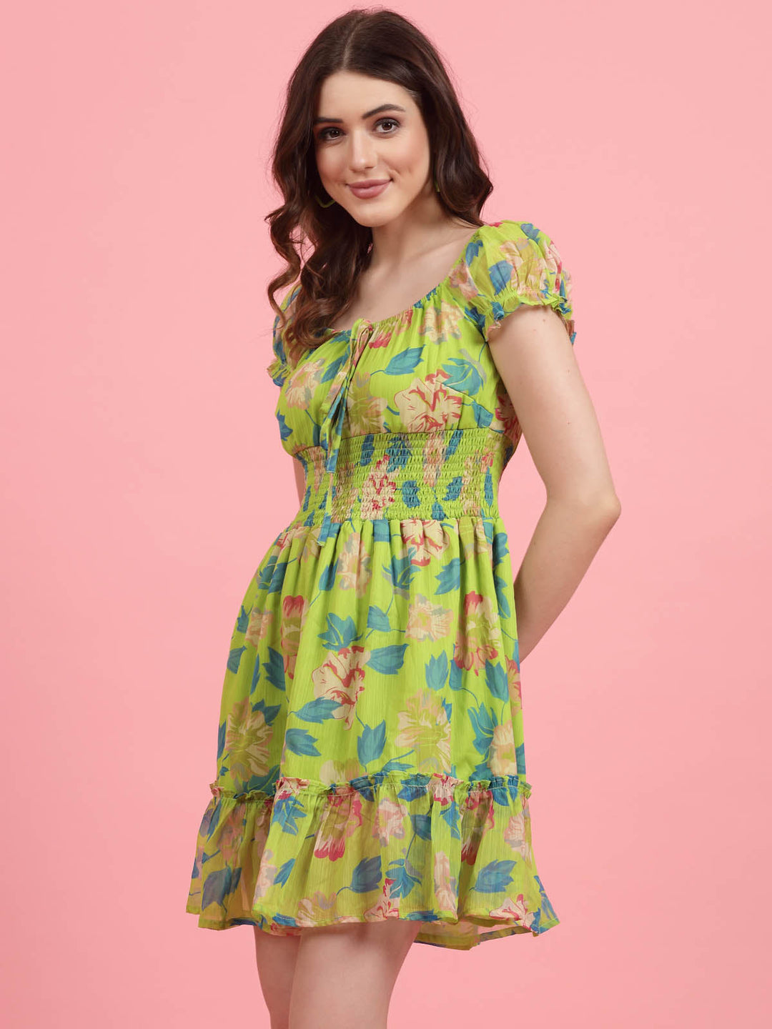 Lime Green Floral Printed Puff Sleeves Smocked A-Line Dress