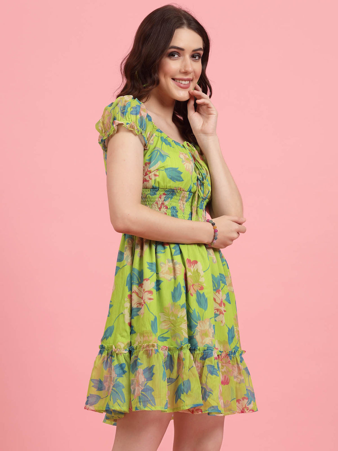 Lime Green Floral Printed Puff Sleeves Smocked A-Line Dress