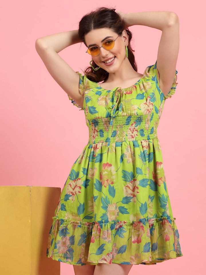 Lime Green Floral Printed Puff Sleeves Smocked A-Line Dress