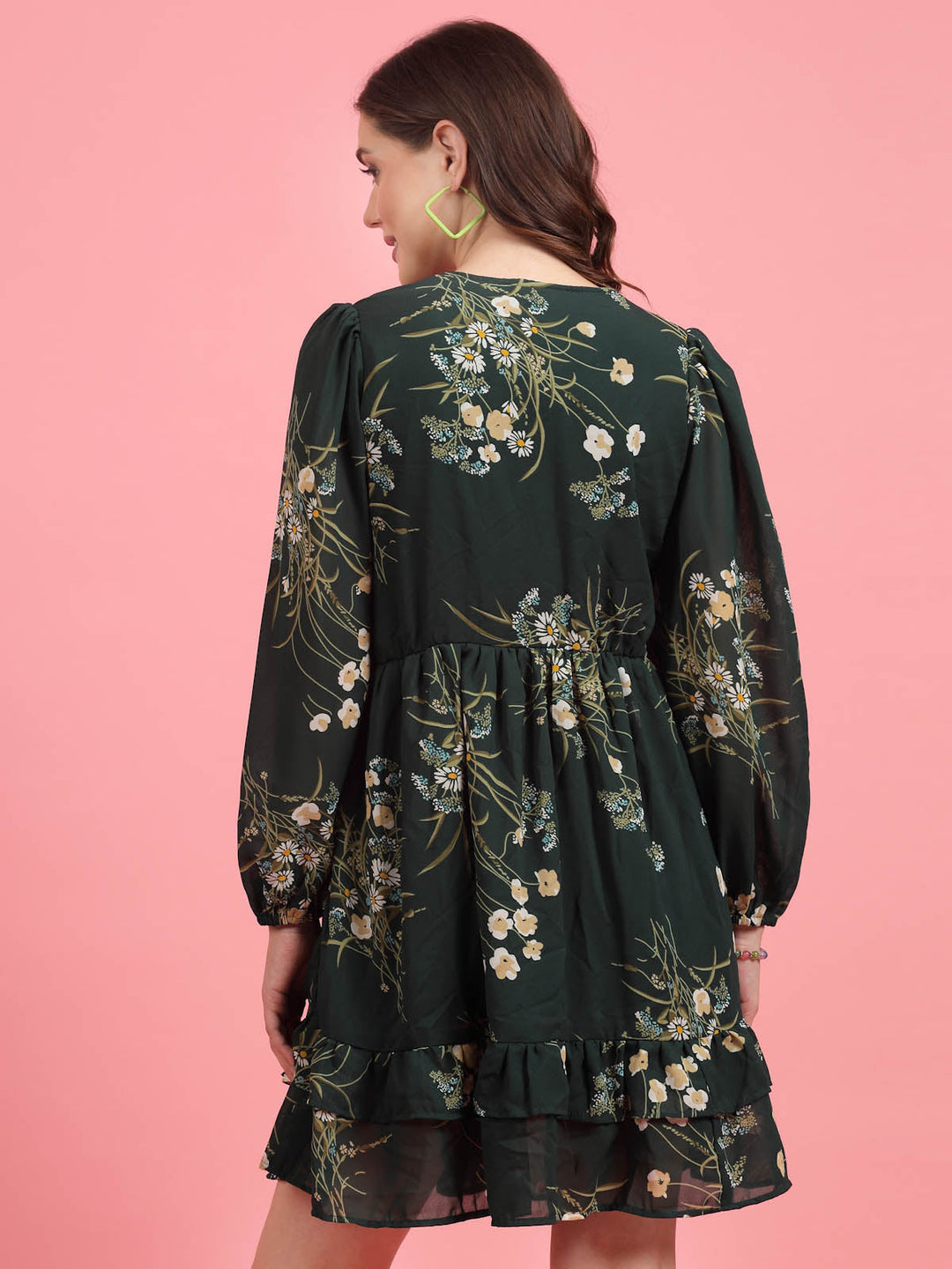 Green Floral Printed Puff Sleeves Gathered A-Line Dress