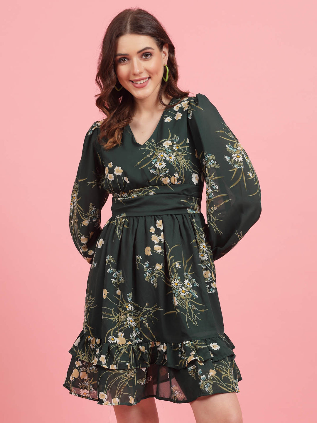 Green Floral Printed Puff Sleeves Gathered A-Line Dress