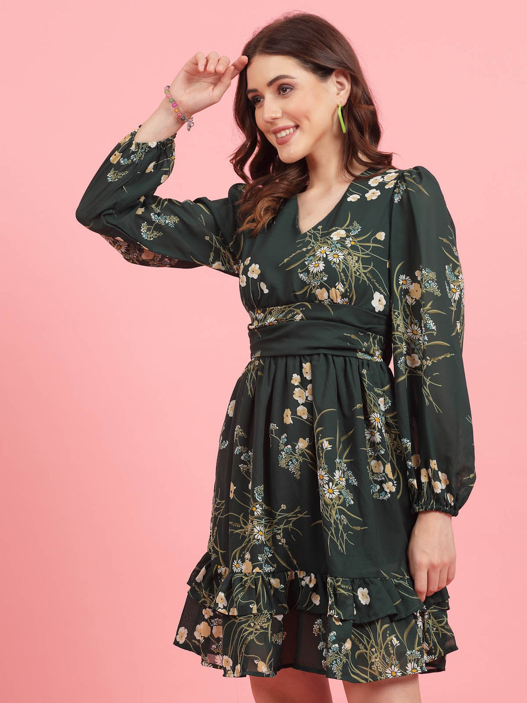 Green Floral Printed Puff Sleeves Gathered A-Line Dress