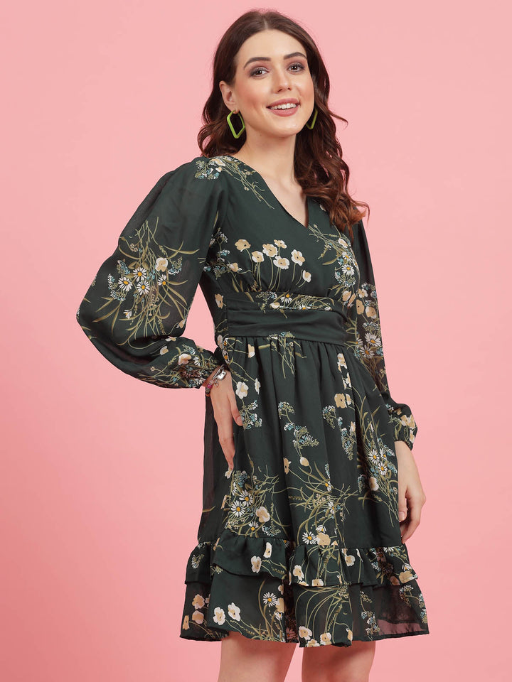 Green Floral Printed Puff Sleeves Gathered A-Line Dress