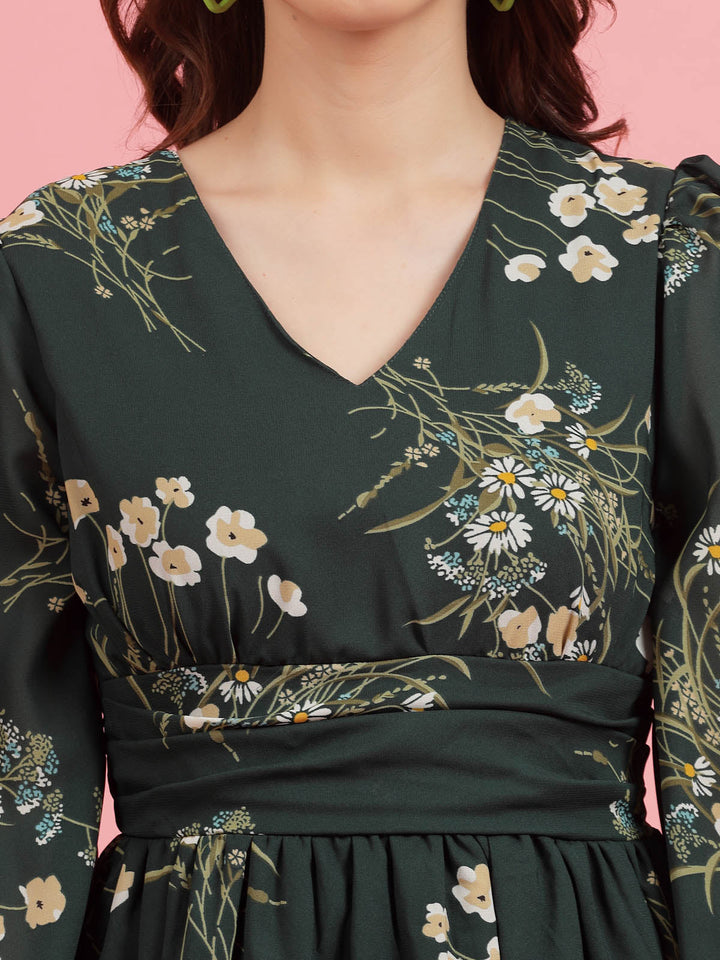 Green Floral Printed Puff Sleeves Gathered A-Line Dress