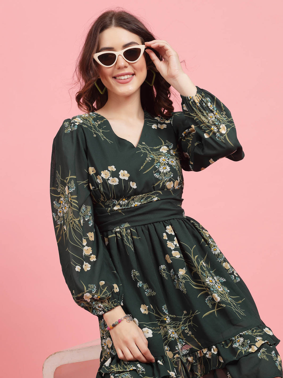 Green Floral Printed Puff Sleeves Gathered A-Line Dress