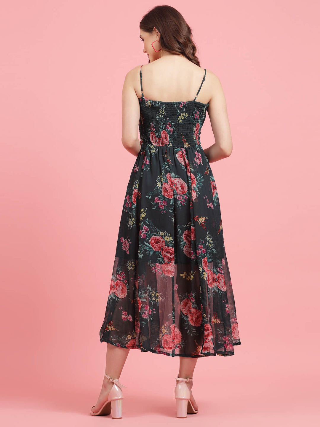 Floral Printed Shoulder Straps Fit and Flare Dress