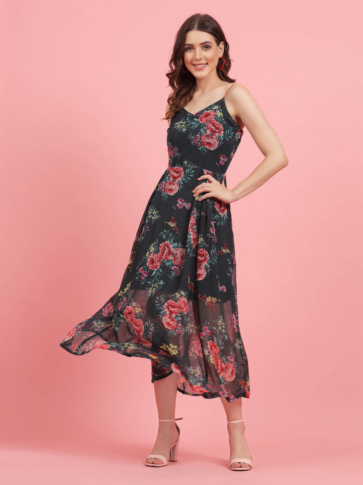 Floral Printed Shoulder Straps Fit and Flare Dress