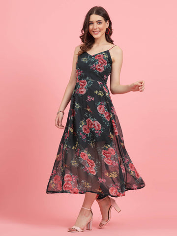 Floral Printed Shoulder Straps Fit and Flare Dress