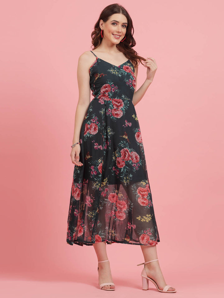 Floral Printed Shoulder Straps Fit and Flare Dress