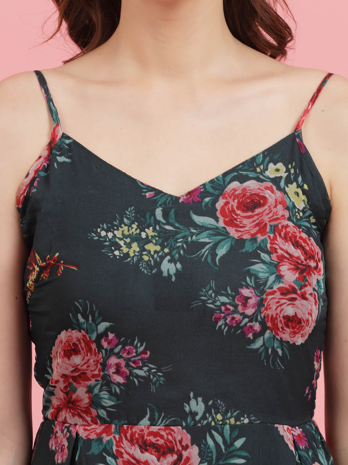 Floral Printed Shoulder Straps Fit and Flare Dress