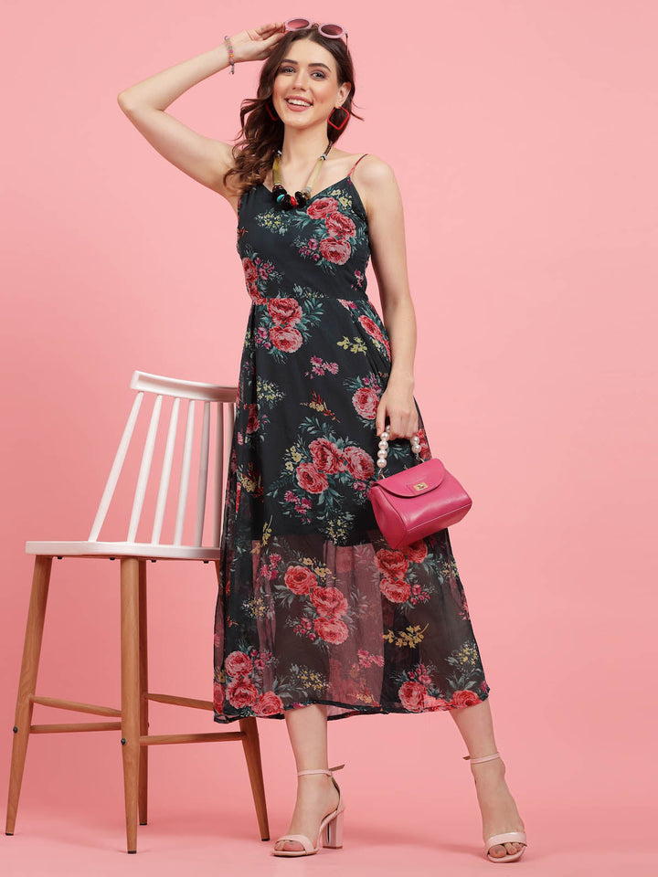 Floral Printed Shoulder Straps Fit and Flare Dress