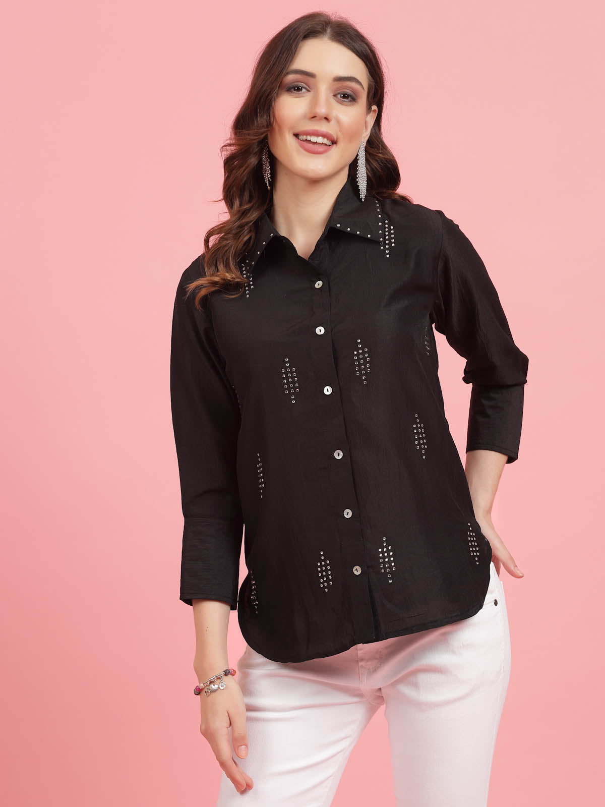 Charcoal Embellished Spread Collar Casual Shirt