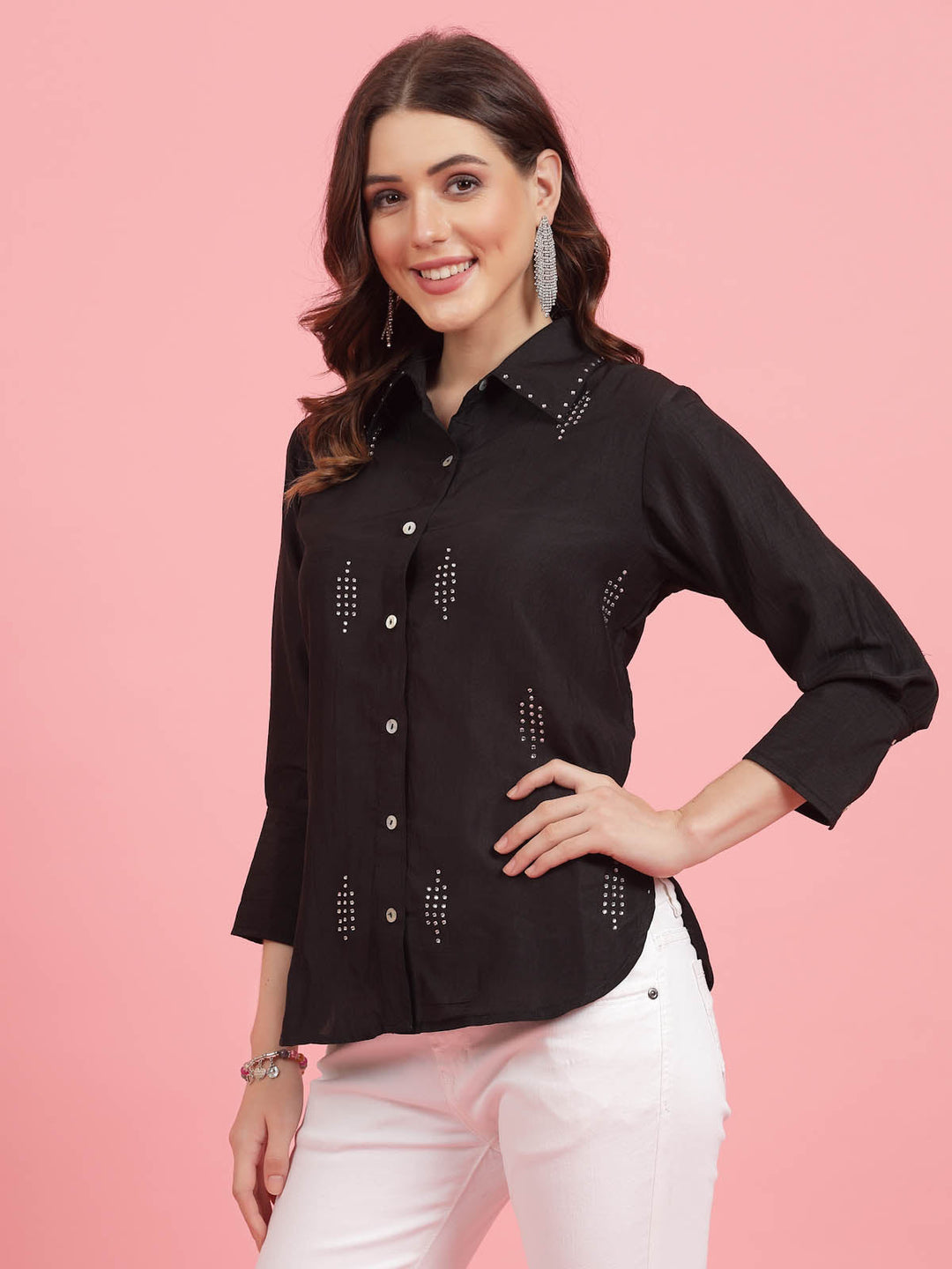 Charcoal Embellished Spread Collar Casual Shirt