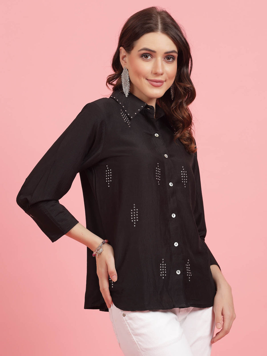 Charcoal Embellished Spread Collar Casual Shirt