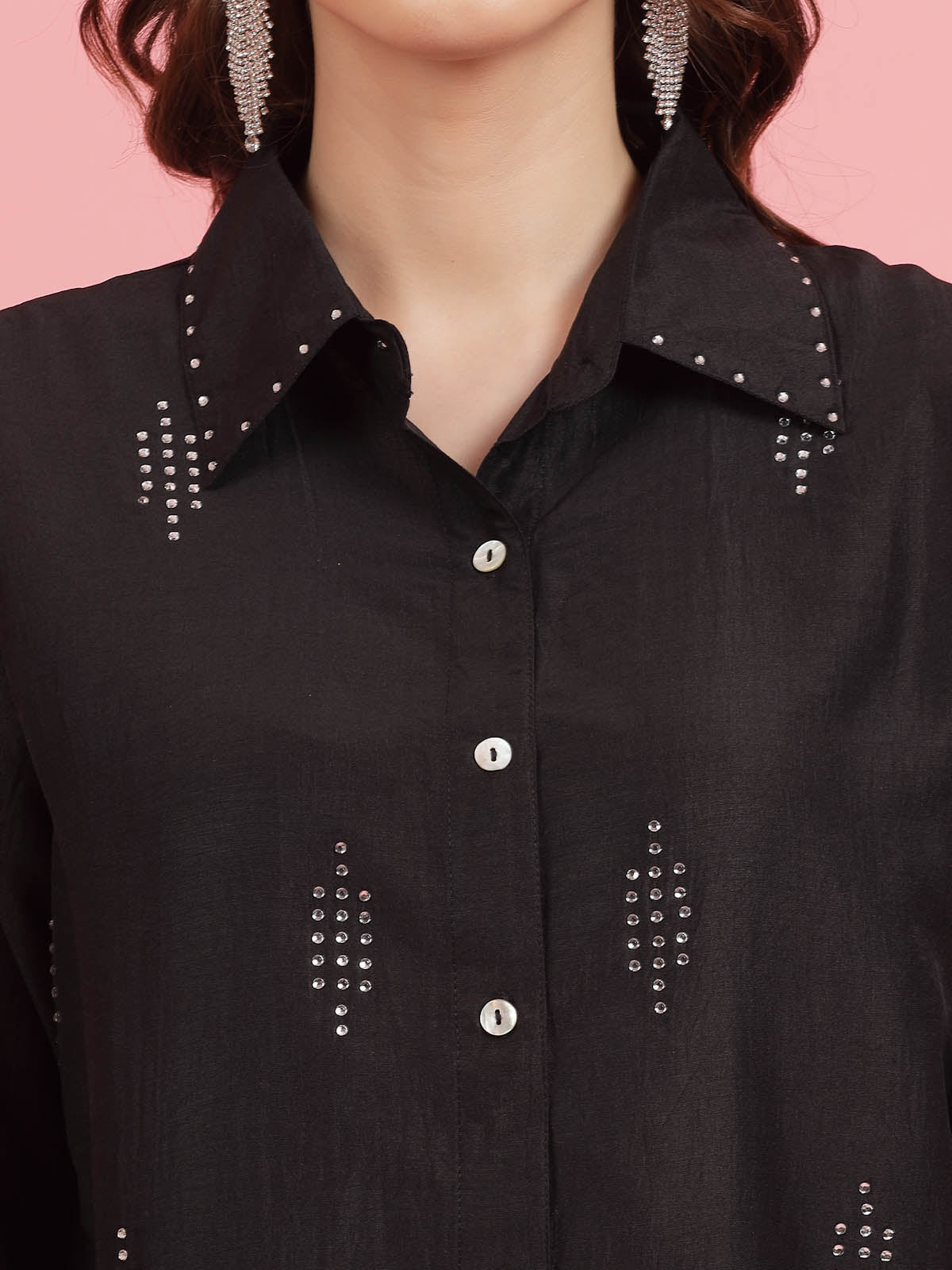 Charcoal Embellished Spread Collar Casual Shirt