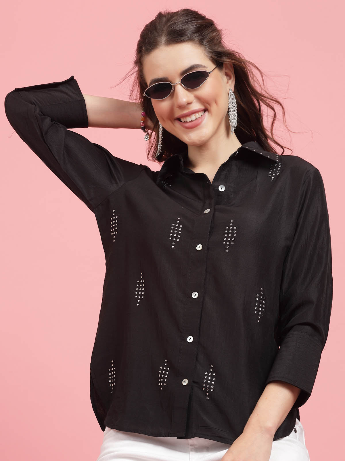 Womens Long Sleeve Blouses Casual Shirts Solid Button Placket Black Blouse  - トップス