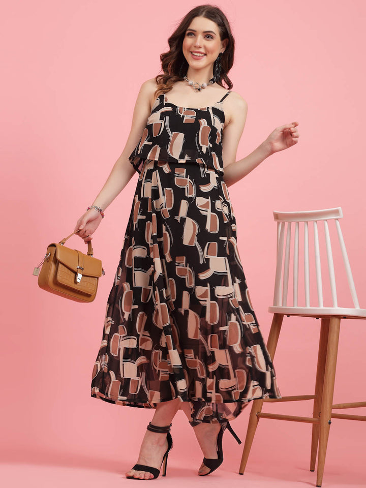 Geometric Printed Shoulder Straps A-Line Dress