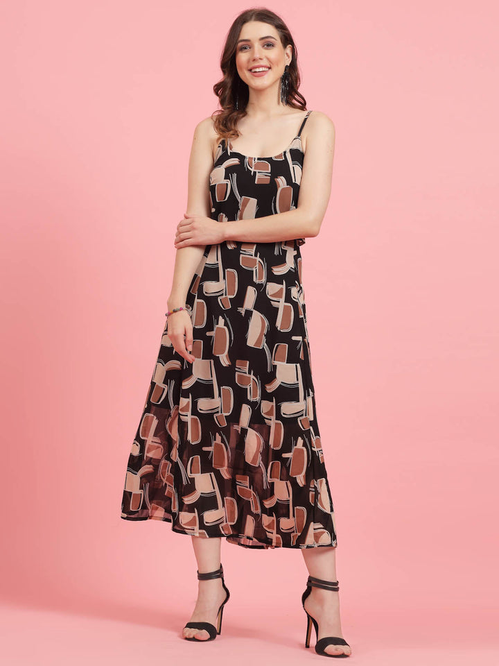 Geometric Printed Shoulder Straps A-Line Dress