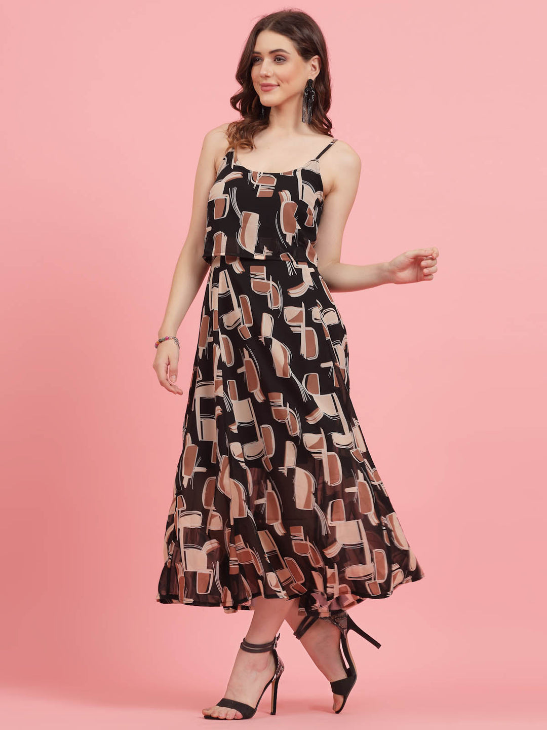 Geometric Printed Shoulder Straps A-Line Dress