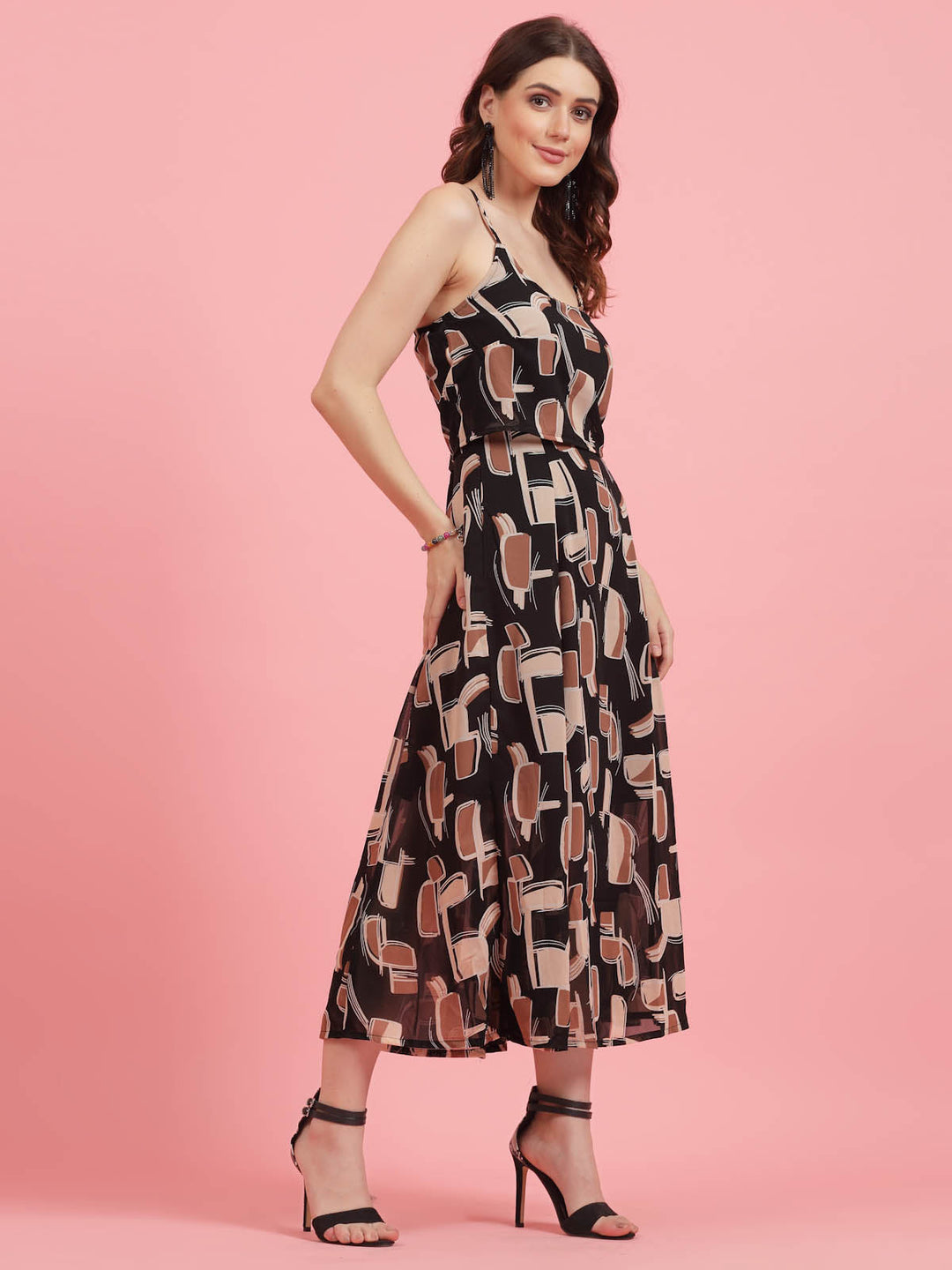 Geometric Printed Shoulder Straps A-Line Dress