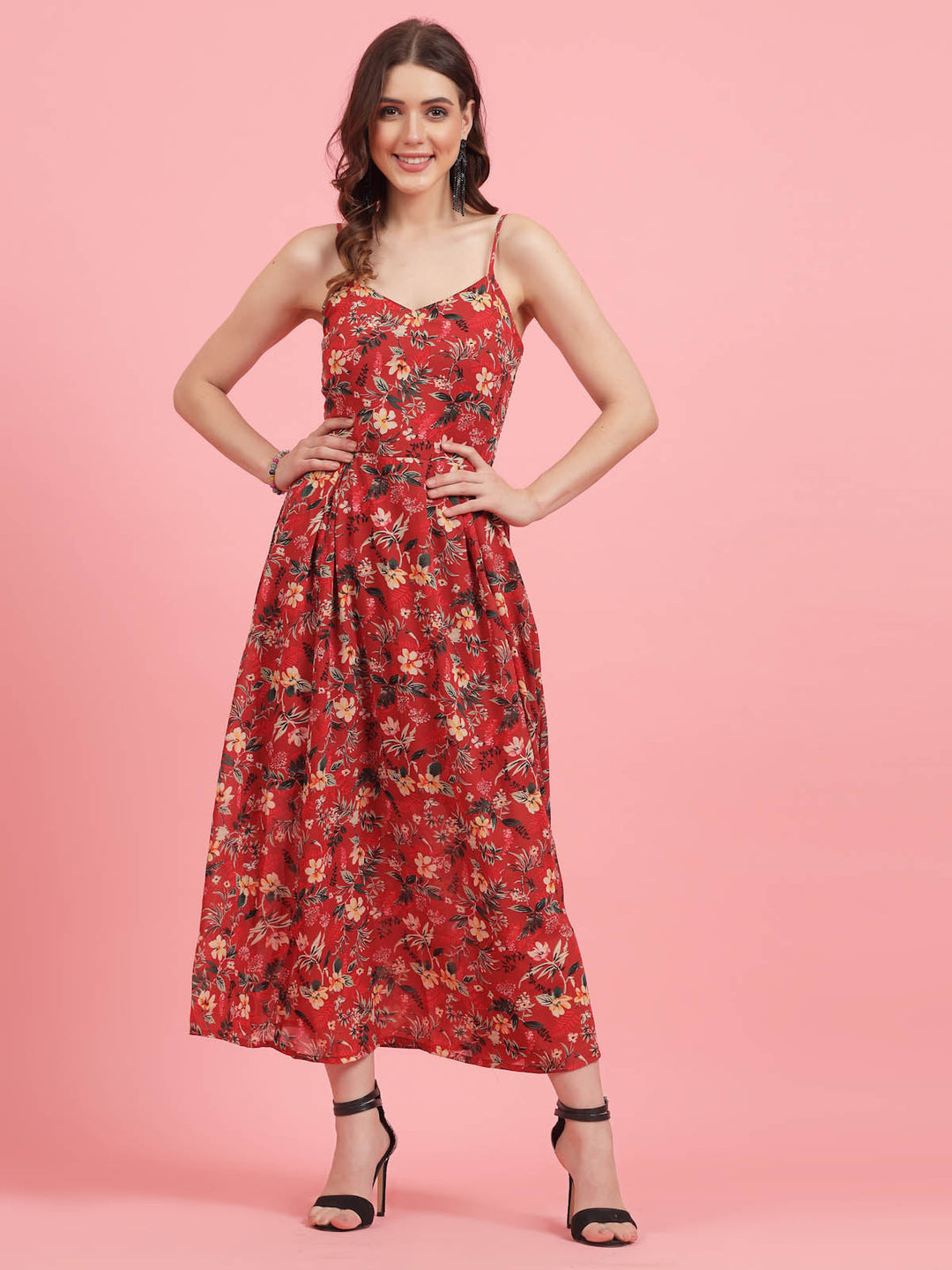 Floral Printed Shoulder Straps Maxi Dress