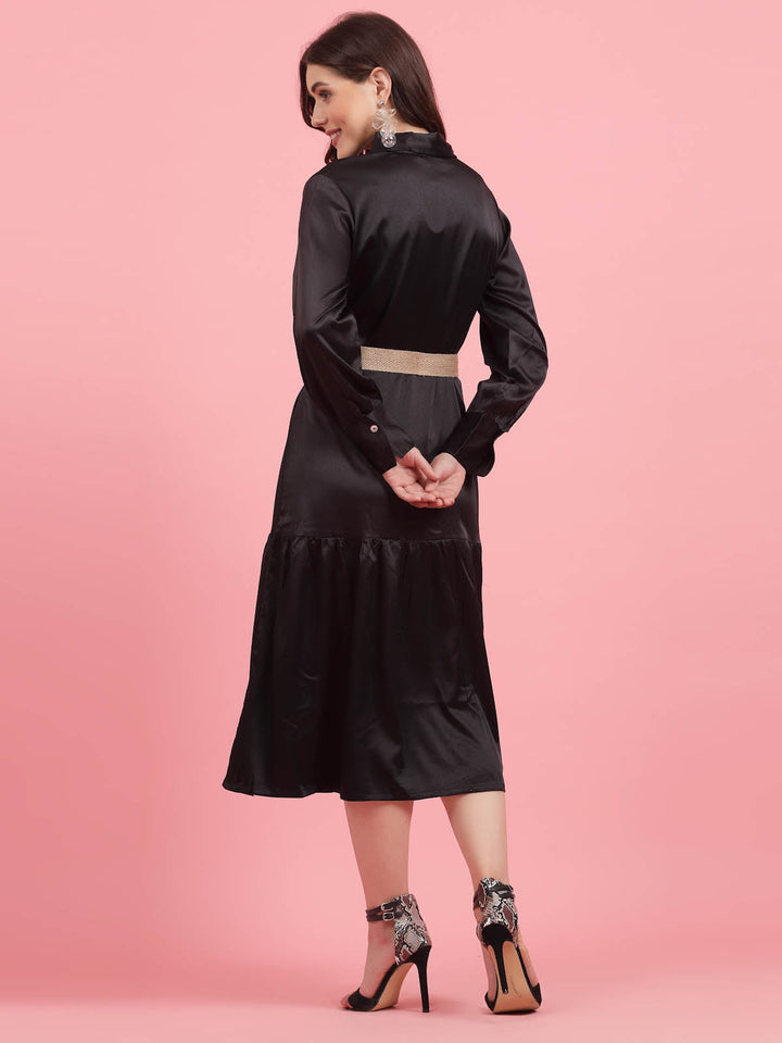 Black Shirt Collar A-Line Midi Dress