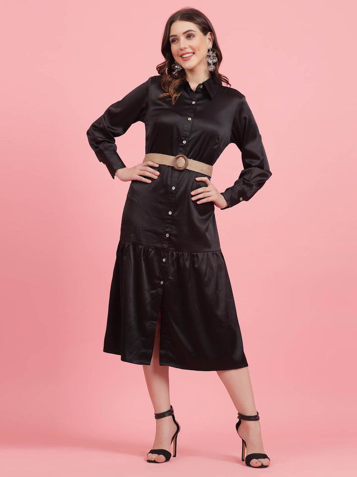 Black Shirt Collar A-Line Midi Dress