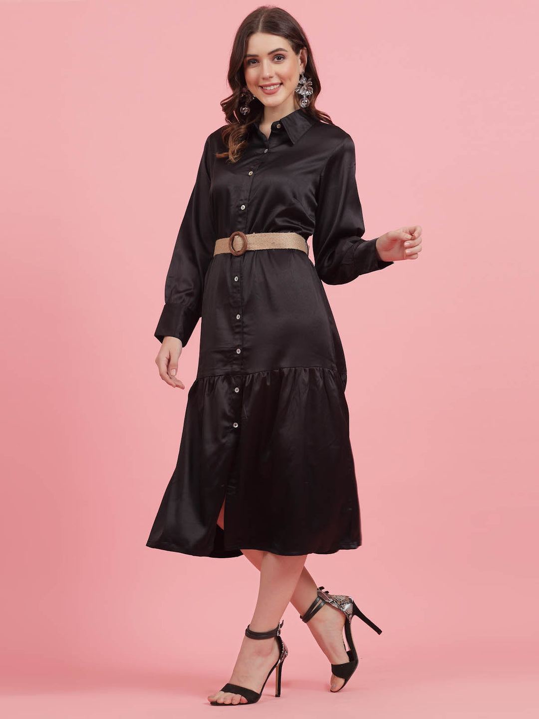 Black Shirt Collar A-Line Midi Dress