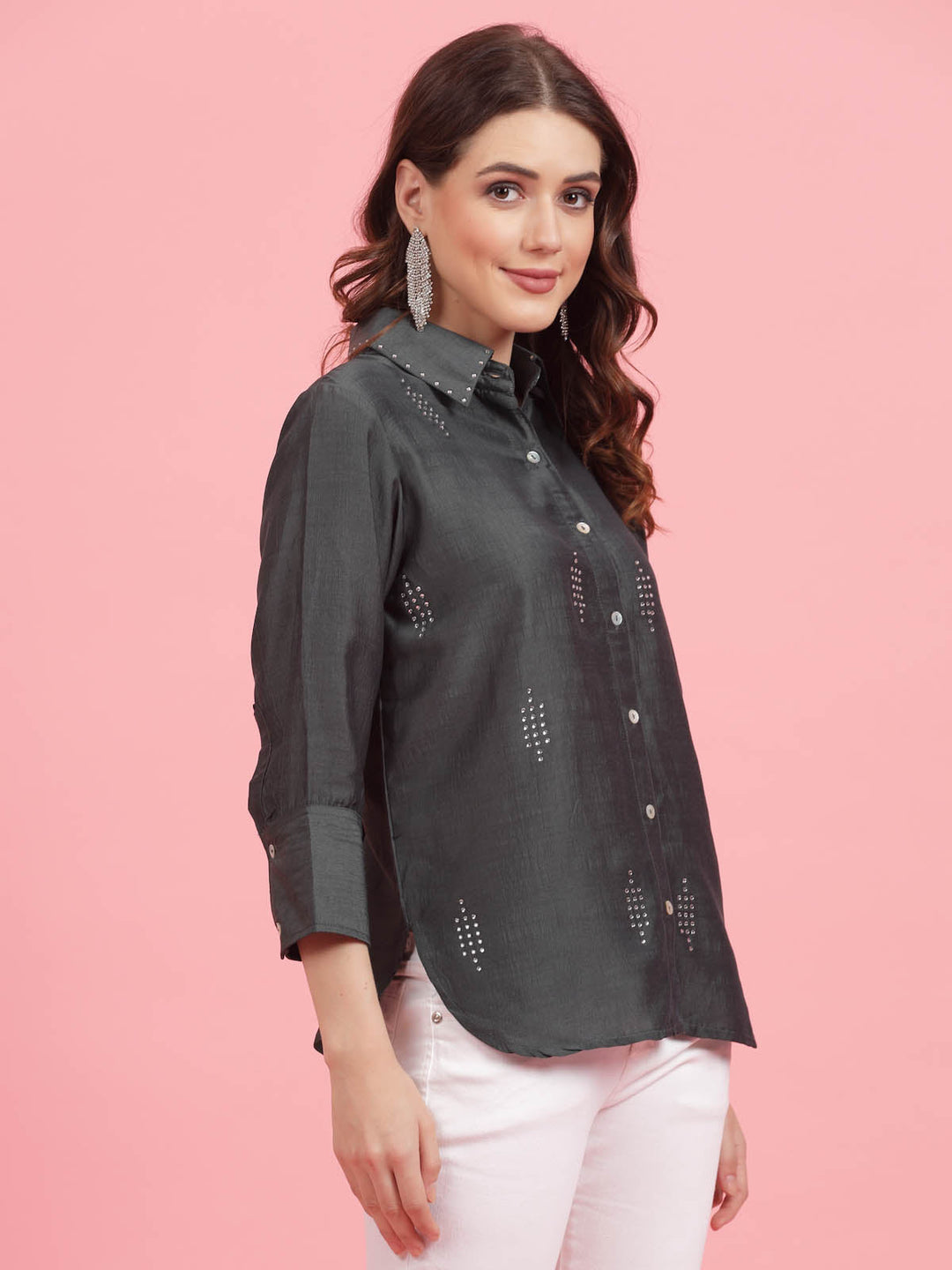 Charcoal Embellished Spread Collar Casual Shirt