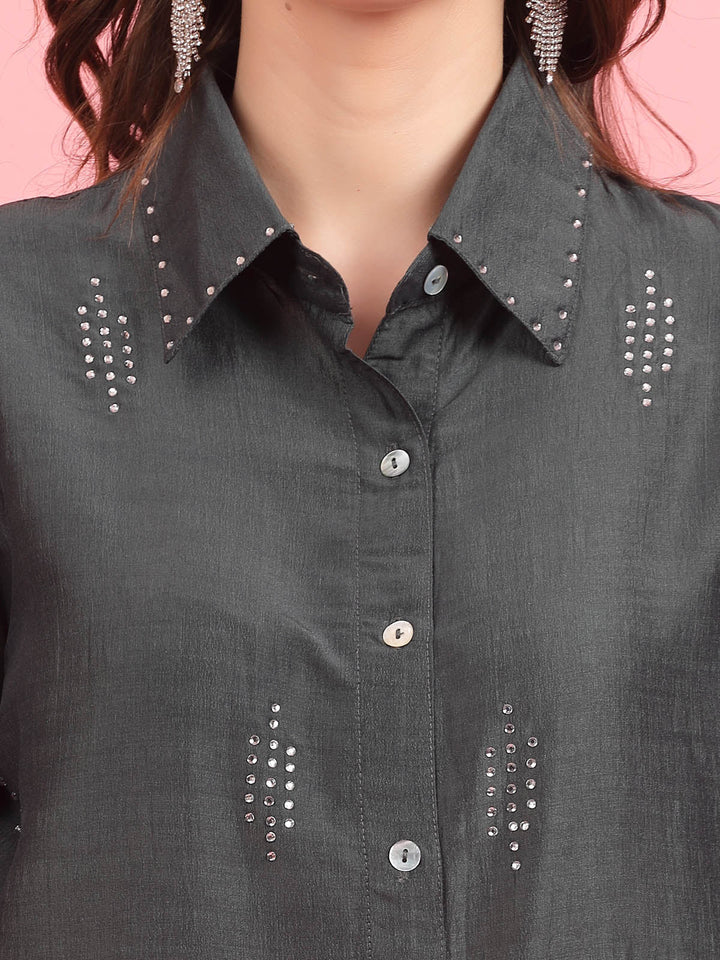 Charcoal Embellished Spread Collar Casual Shirt