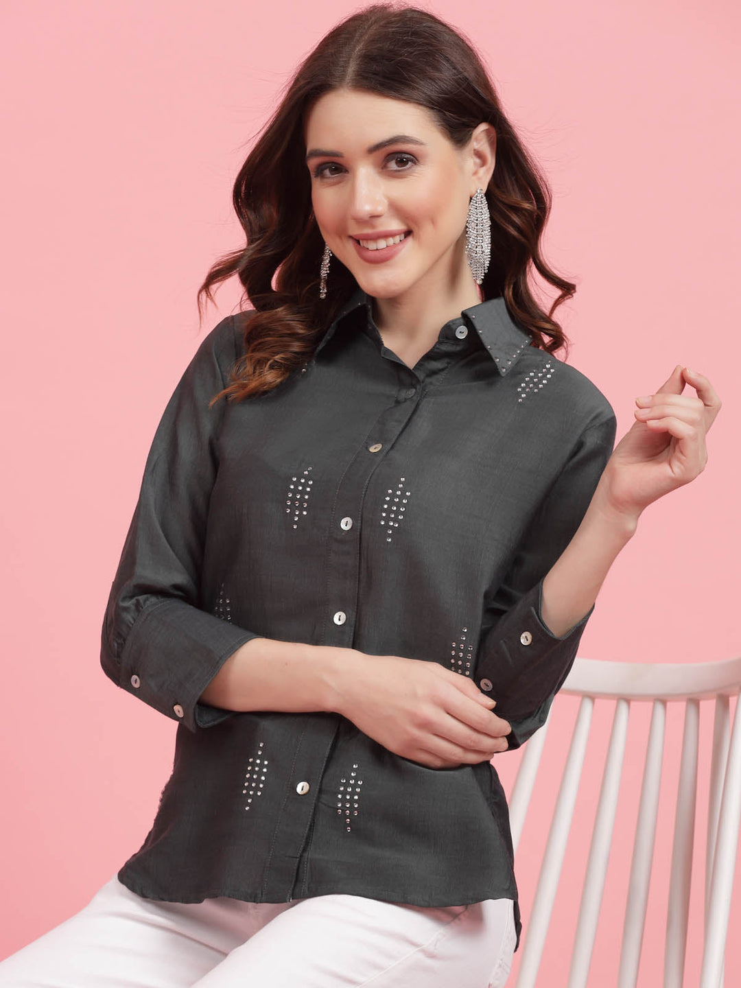 Charcoal Embellished Spread Collar Casual Shirt