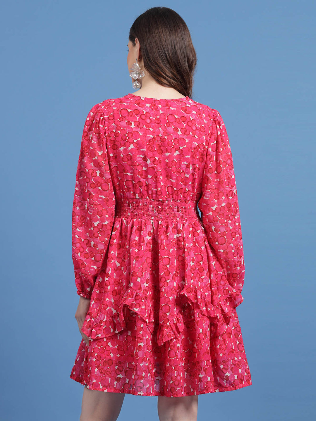 Geometric Printed V-Neck Puff Sleeves Smocked Detail Fit and Flare Dress