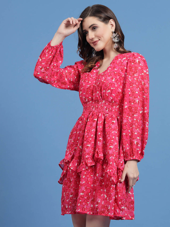 Geometric Printed V-Neck Puff Sleeves Smocked Detail Fit and Flare Dress