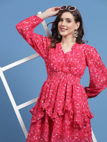 Geometric Printed V-Neck Puff Sleeves Smocked Detail Fit and Flare Dress