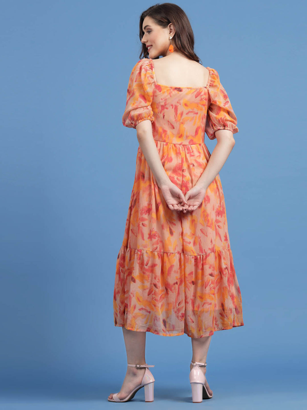 Orange Floral Printed Square Neck Gathered A-Line Midi Dress