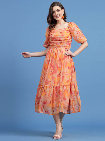 Orange Floral Printed Square Neck Gathered A-Line Midi Dress