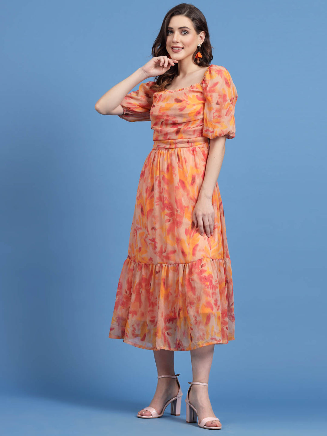 Orange Floral Printed Square Neck Gathered A-Line Midi Dress