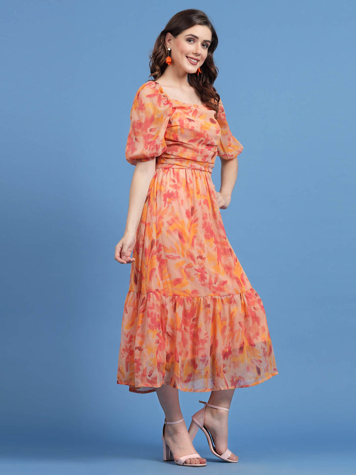 Orange Floral Printed Square Neck Gathered A-Line Midi Dress