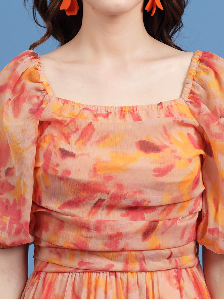 Orange Floral Printed Square Neck Gathered A-Line Midi Dress