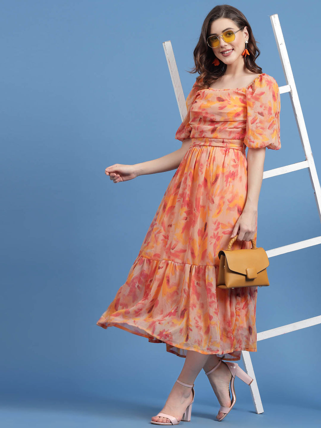 Orange Floral Printed Square Neck Gathered A-Line Midi Dress